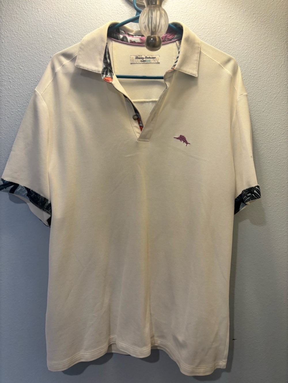 Tommy Bahama Cream Polo with Pink Dolphin Logo